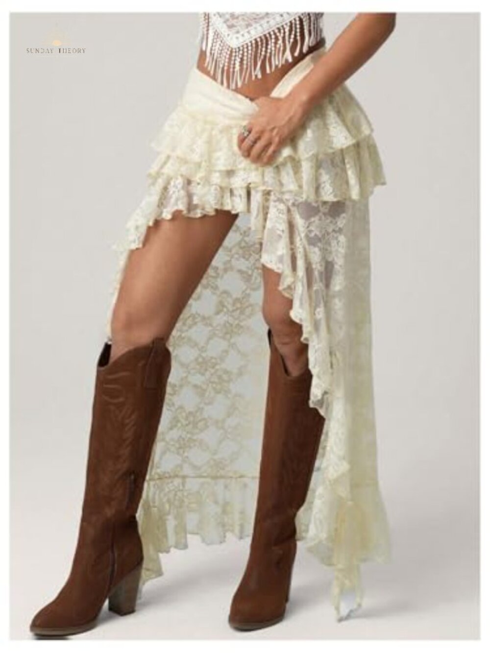 Boho Lace Asymmetrical Maxi Skirt Western Cowgirl Drop Waist - Picture 5 of 5